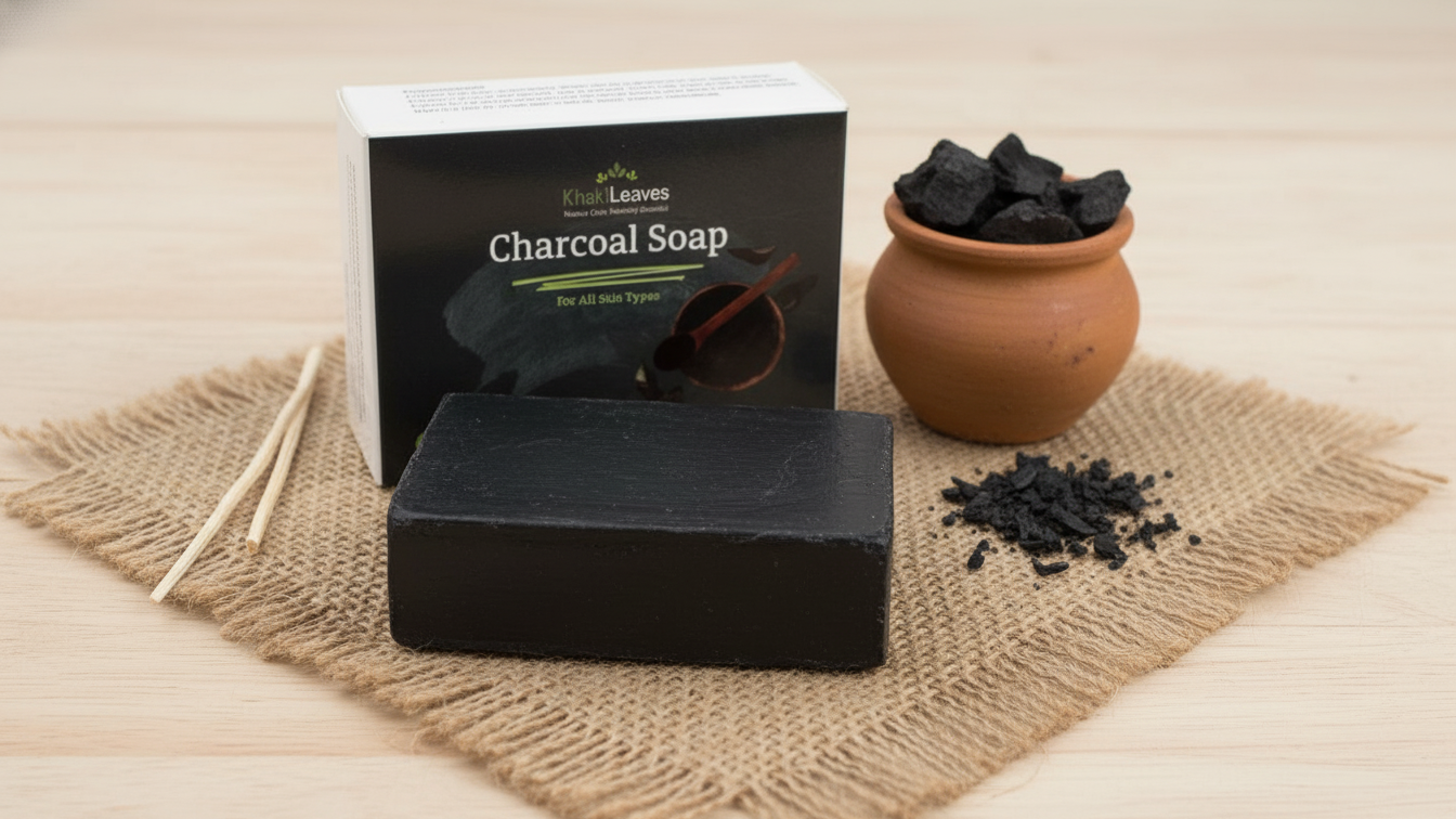 Khaki Leaves – Activated Charcoal Soap | Deep Detox & Oil-Free Clear Skin (100 g)